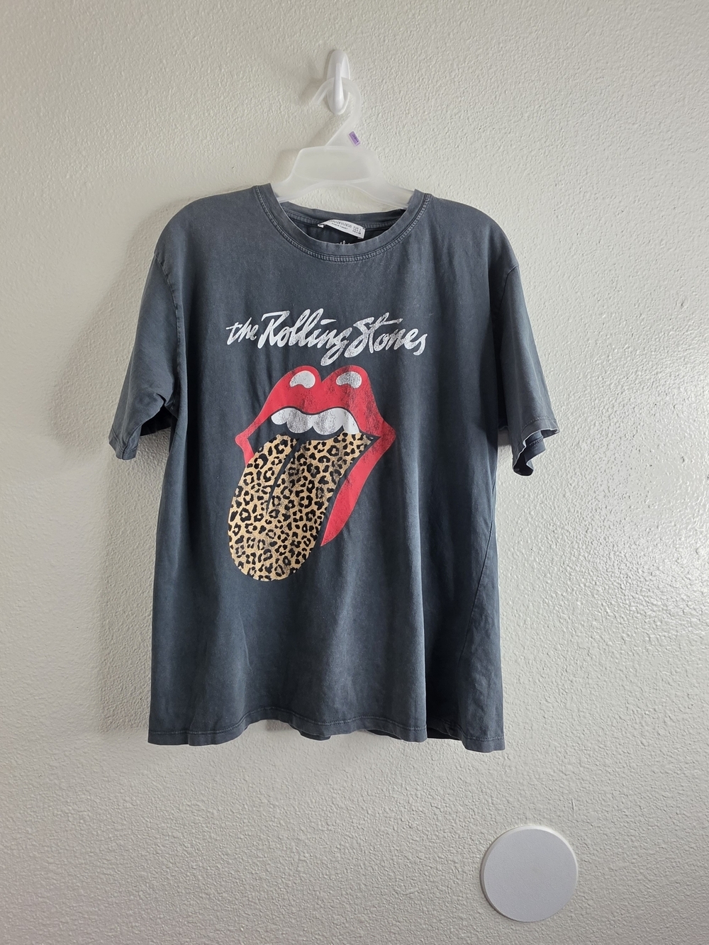 Stradivarius Rolling Stones Graphic T-Shirt Womens L Gray Leopard